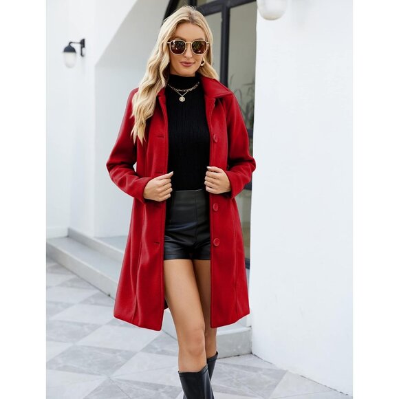 💫 Women Red Elegant Overcoat Single Breasted Winter Dress Pockets Pea Coat - Picture 2 of 8